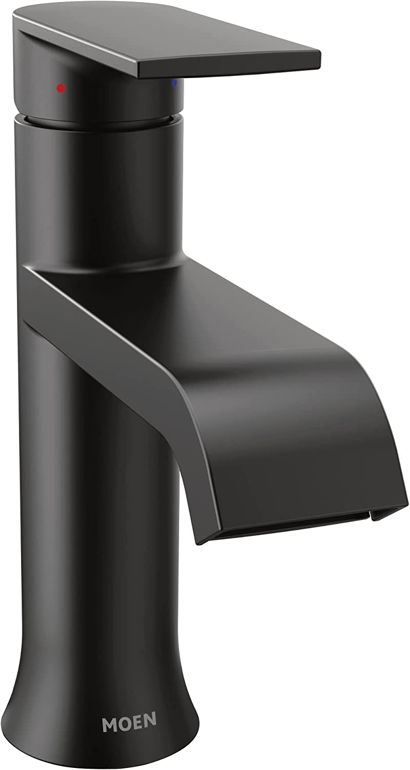 Moen Genta LX Matte Black One-Handle Single Hole Modern Bathroom Sink Faucet with Optional Deck Plate for 3-Hole Sinks, Waterfall Bathroom Faucet, 6702BL