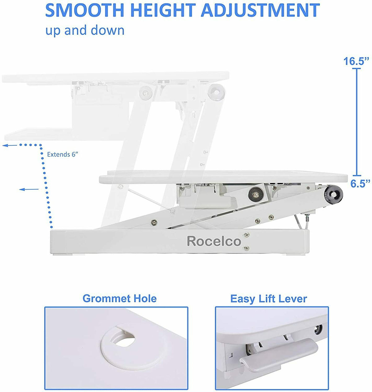 Rocelco - Height Adjustable Sit Stand Desk Converter with Anti Fatigue Mat, - 2-3 Monitor Capacity 37.5&quot;