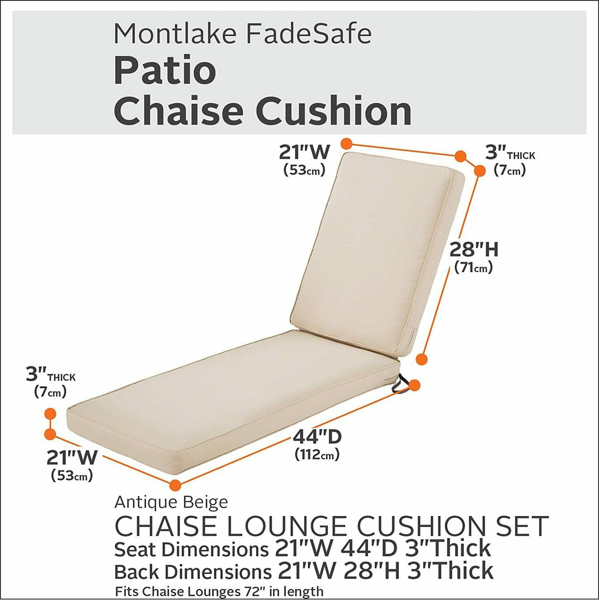 Classic Accessories Montlake Chaise Cushion Foam &amp; Slip Cover, Antique Beige