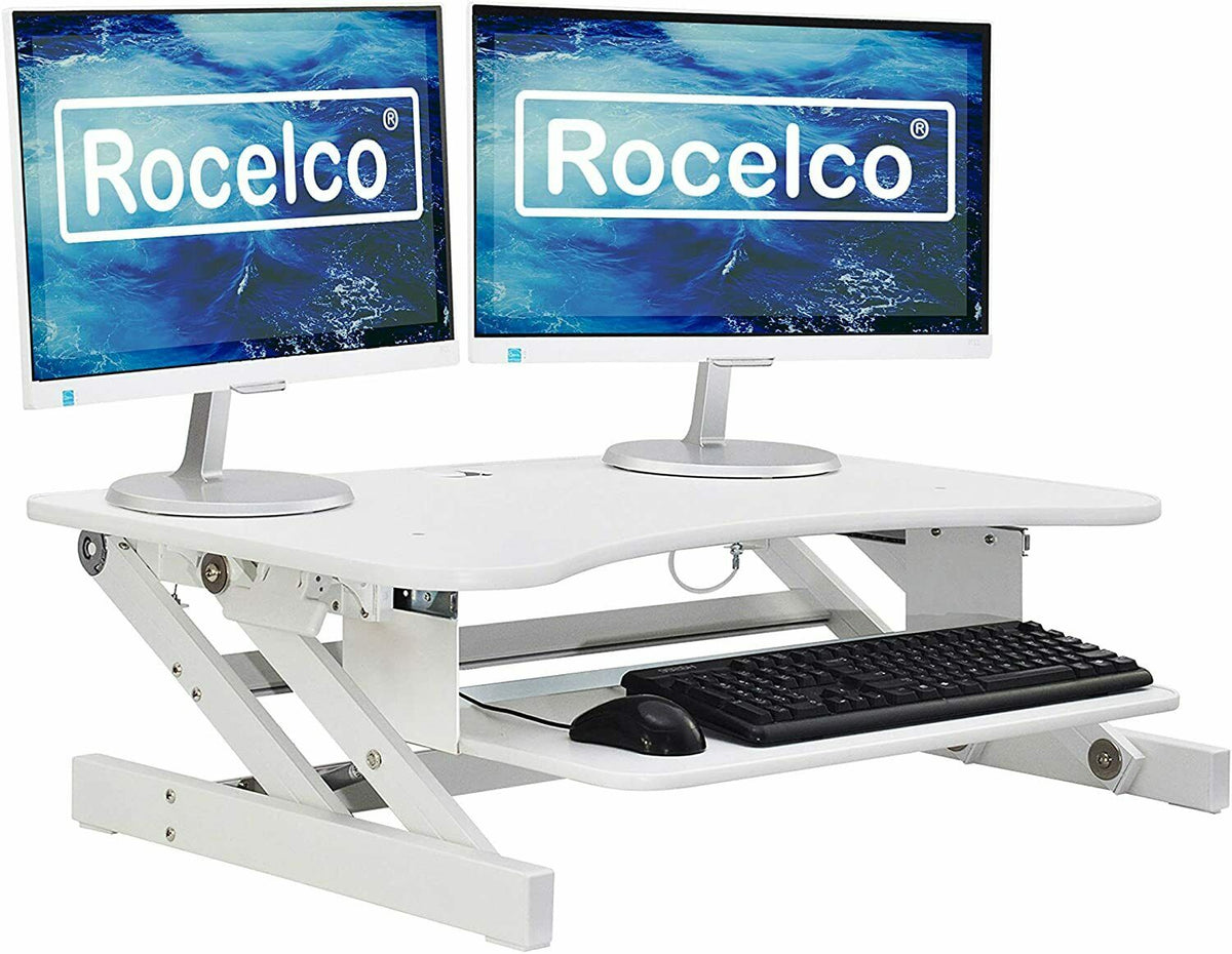 Rocelco - Height Adjustable Sit Stand Desk Converter with Anti Fatigue Mat, - 2-3 Monitor Capacity 37.5&quot;