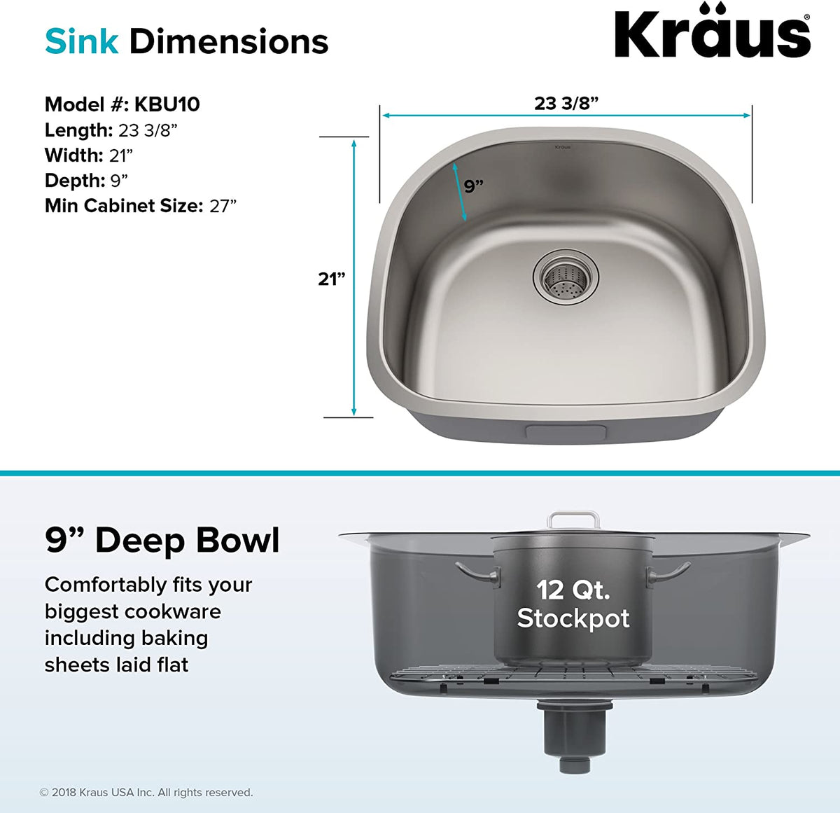 Kraus KBU10 23 inch Undermount Single Bowl 16 Gauge Stainless Steel Kitchen Sink