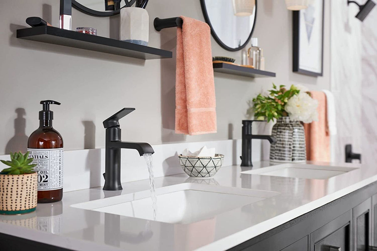 Moen Genta LX Matte Black One-Handle Single Hole Modern Bathroom Sink Faucet with Optional Deck Plate for 3-Hole Sinks, Waterfall Bathroom Faucet, 6702BL