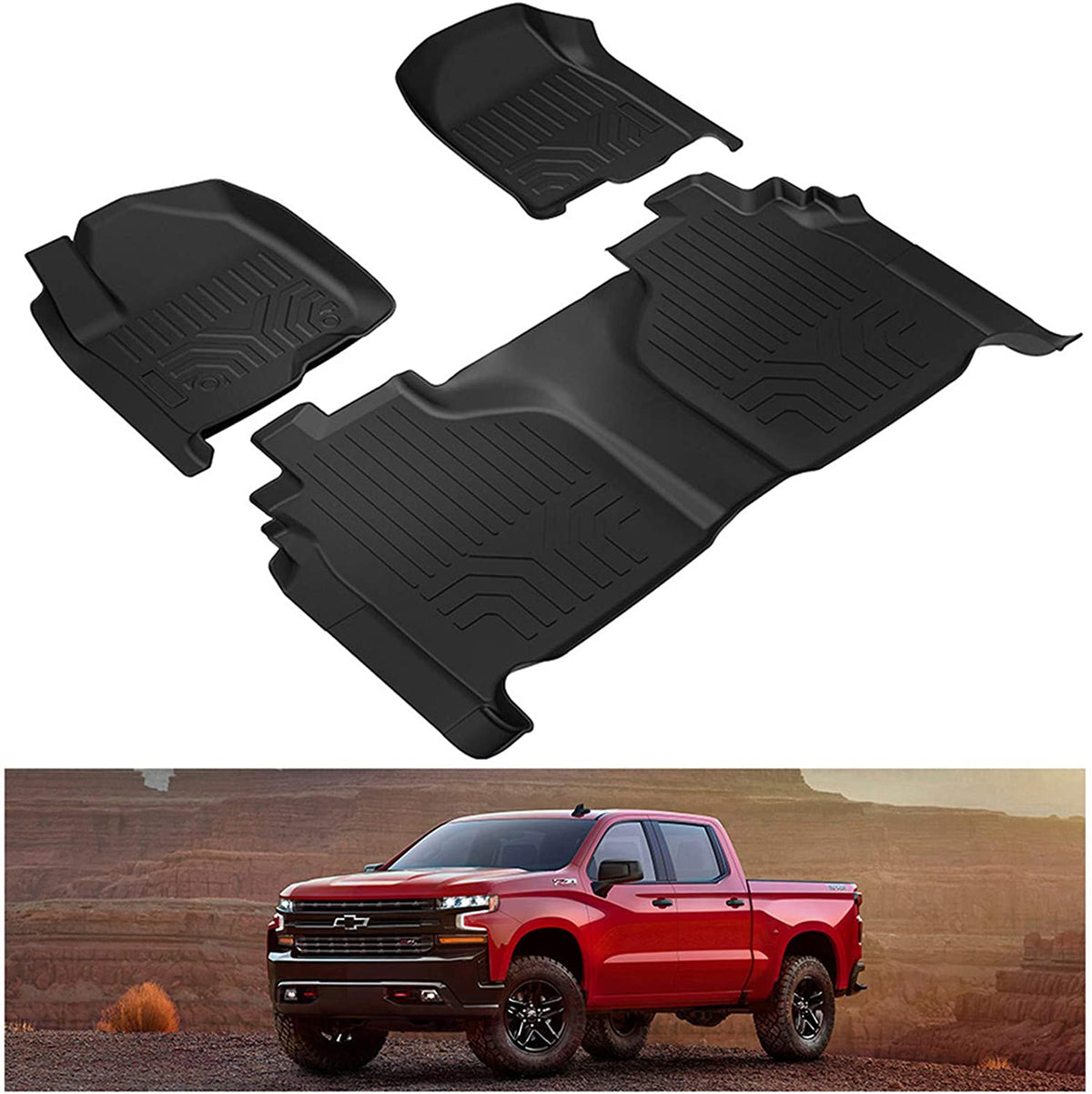 Kiwi Master Floor Mats Compatible for 2019-2022 Chevrolet Silverado / GMC Sierra 1500 Crew Cab with Carpeted Factory Storage Box All Weather Protector Mat Front Rear 2 Row Seat TPE Slush Liners Black